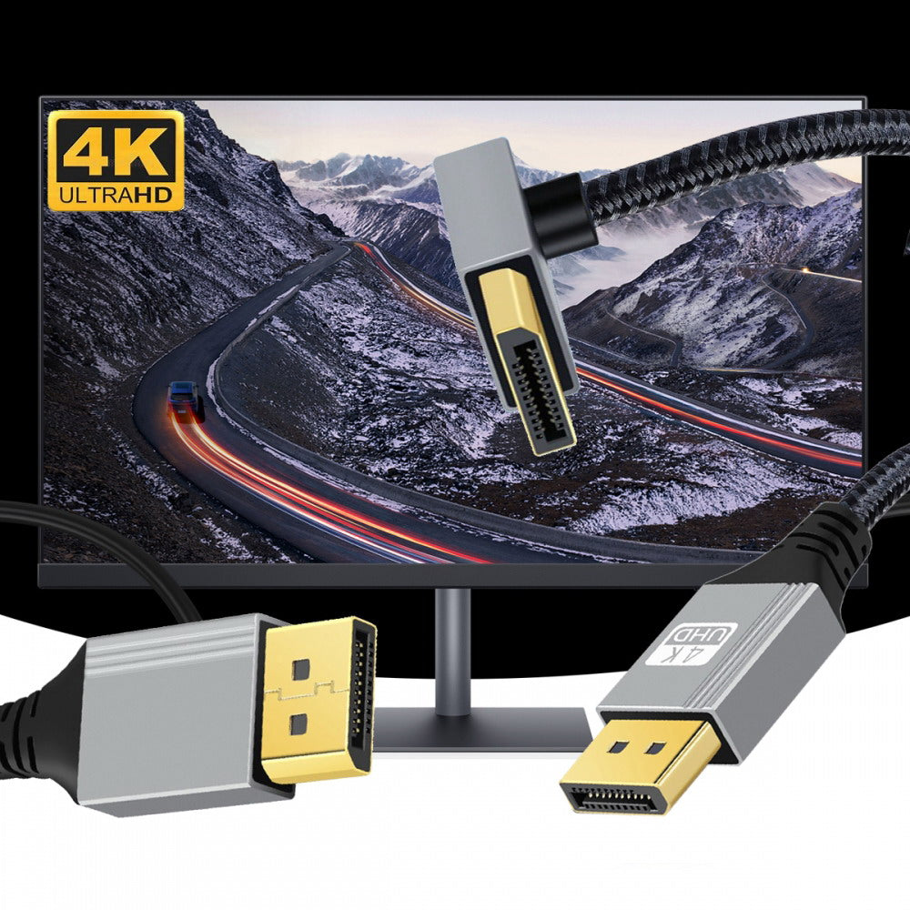 Down Angled DisplayPort DP to DP Cable 4K 60hz Cable Silver Sleeve Ultra-HD UHD 90 Degree for Desktop Laptop Monitor Graphics Card