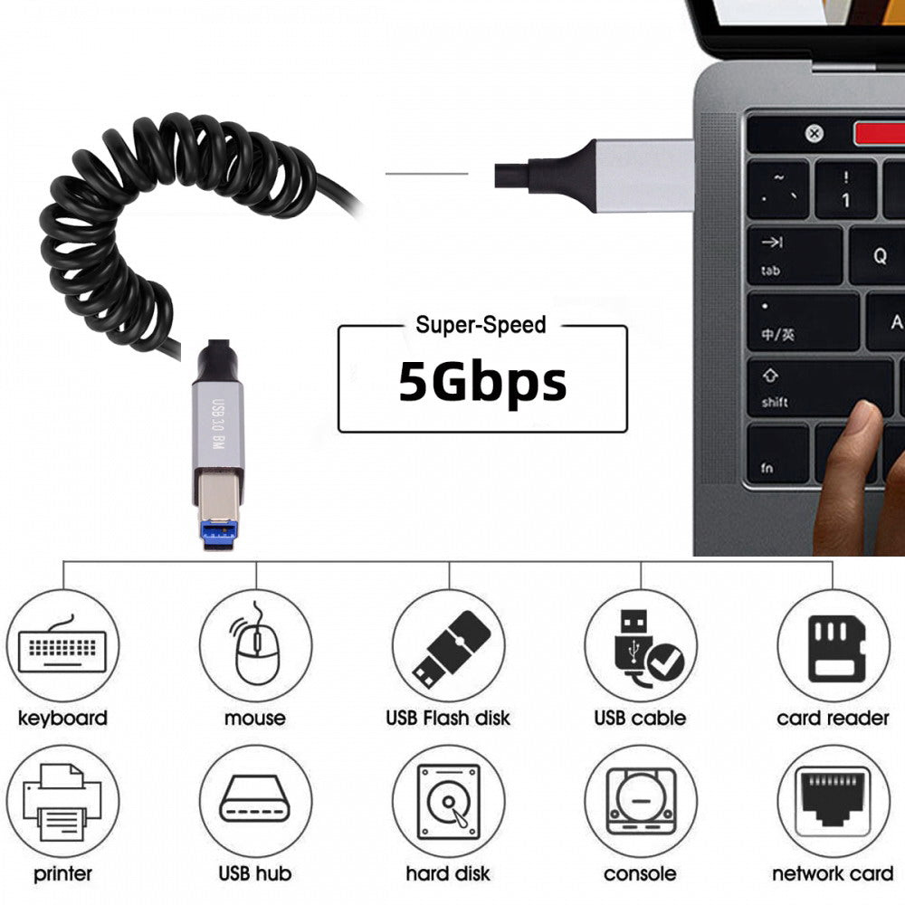 USB 3.0 Type-A Male to USB3.0 Type-B Male Stretch Coiled Cable 100cm Extension 5Gbps for Disk Printer Camera Data
