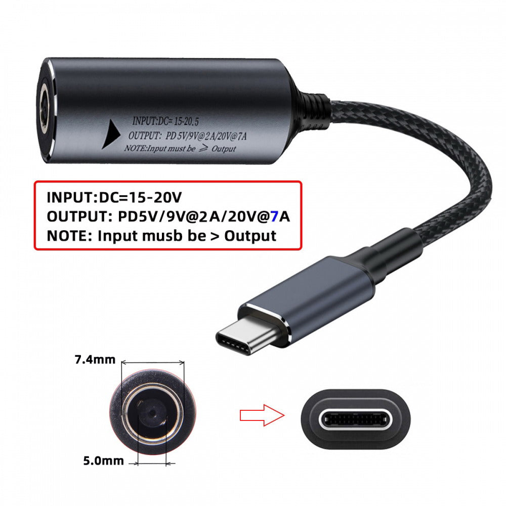 DC Jack 7.4x5.0mm Input to USB-C Type-C Power 140W Charge Cable for Laptop Phone PD9V 5V 20V7A