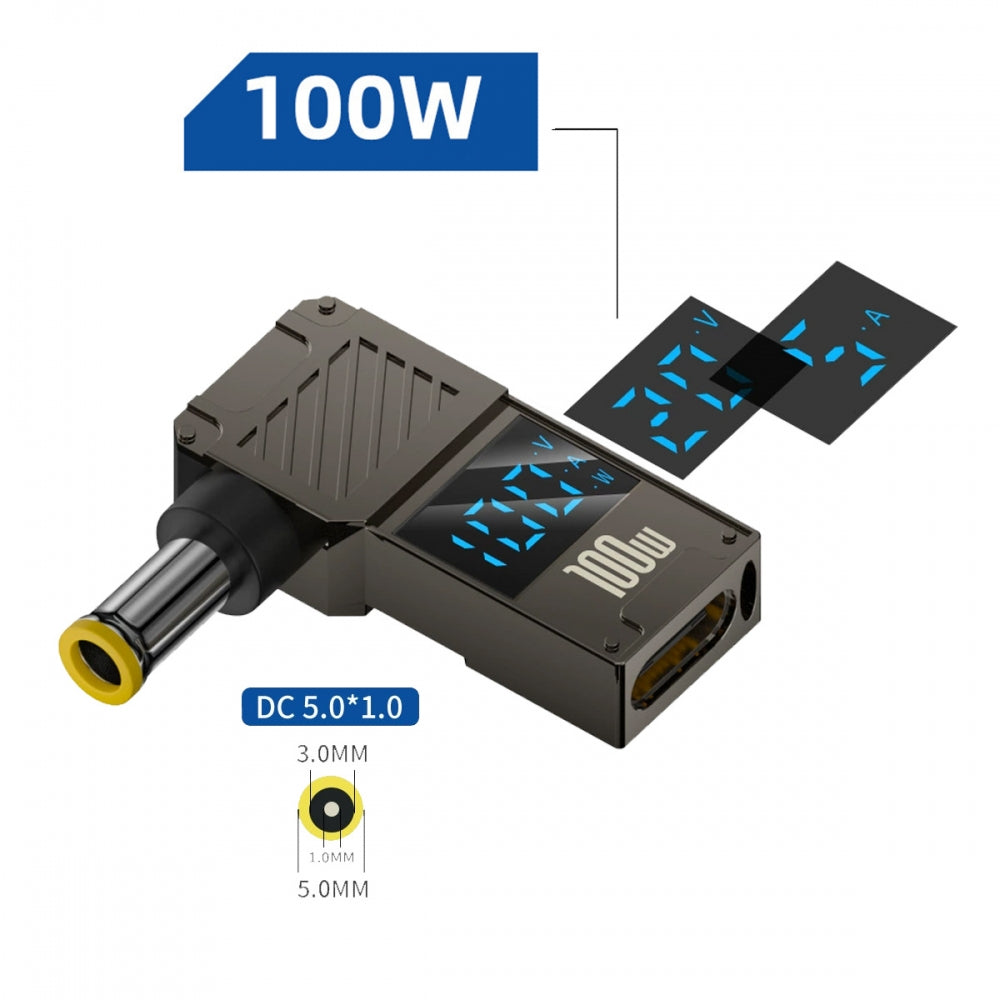 Type-C USB-C Input to DC 5.0x1.0mm Jack Smart LED Display 100W Output Power 20V 5A PD Charge 65W Adapter for Laptop