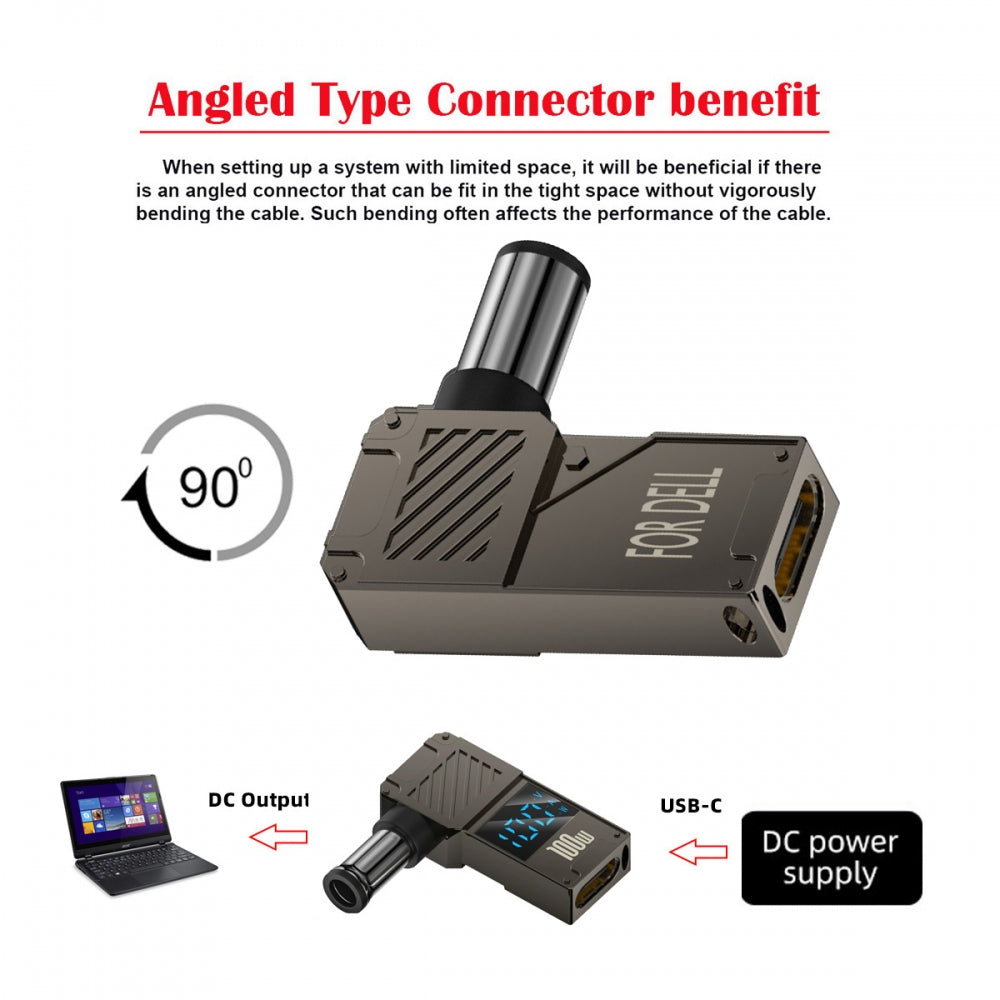 Type-C USB-C Input to DC 7.4x5.0mm Jack Smart LED Display 100W Output Power 20V 5A PD Charge 65W Adapter for DELLLaptop