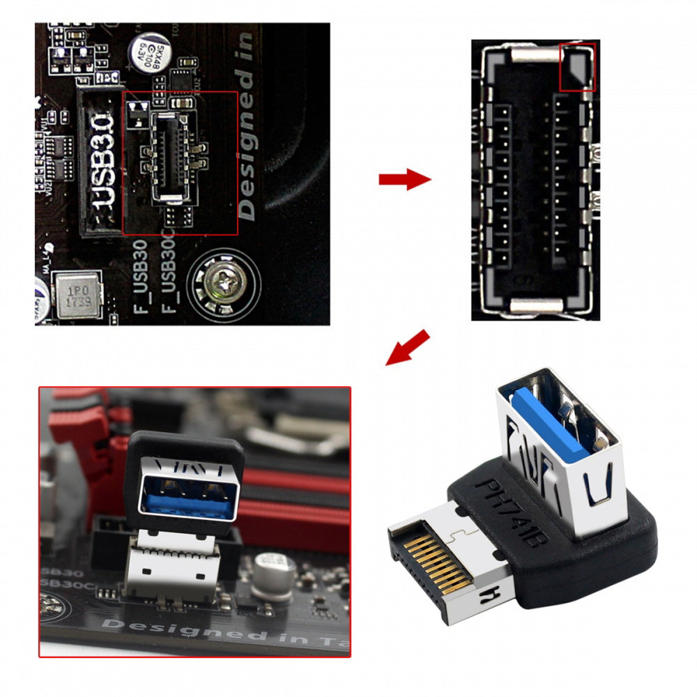 USB 3.1 Front Panel Header Male Type-E to Type-A USB3.0 Female Data Adapter Down Angled 90 Degree for Motherboard