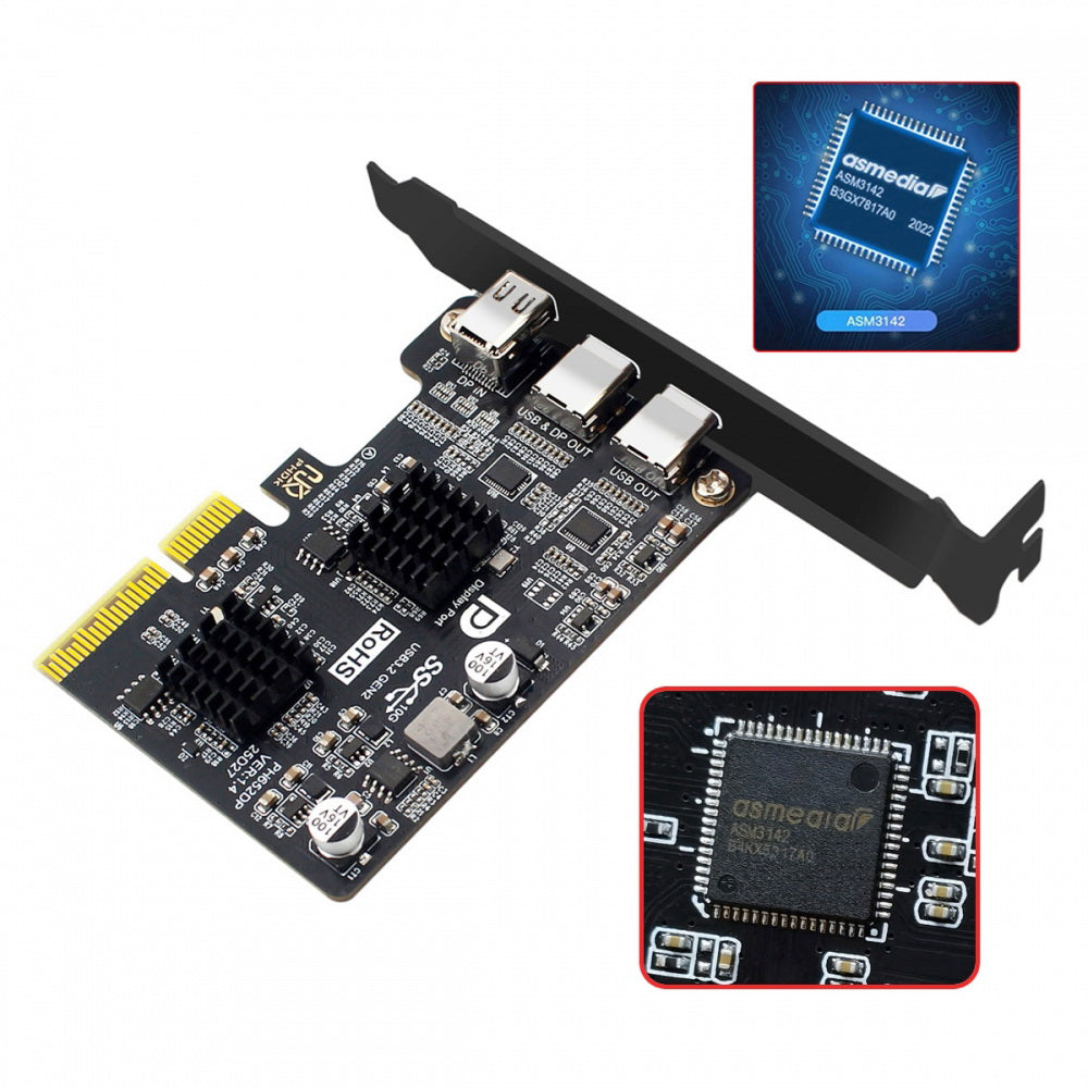 PCI-E Express 4x & Mini Displayport 1.4 Input to Dual 10Gbps USB 3.1 Type-C USB-C & 4K 60hz Output Desktop Graphics Expansion Card Adapter ASM3142