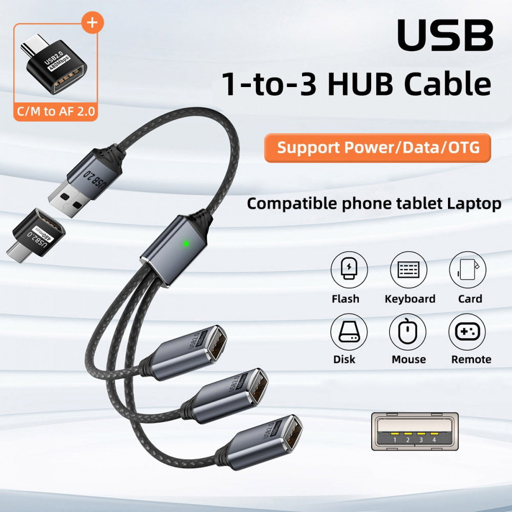 USB 2.0 Type-A to 3 Ports Hub Cable Bus Power 1 to 3 Data for Laptop Desktop Phone Mouse Keyboard Printer Disk
