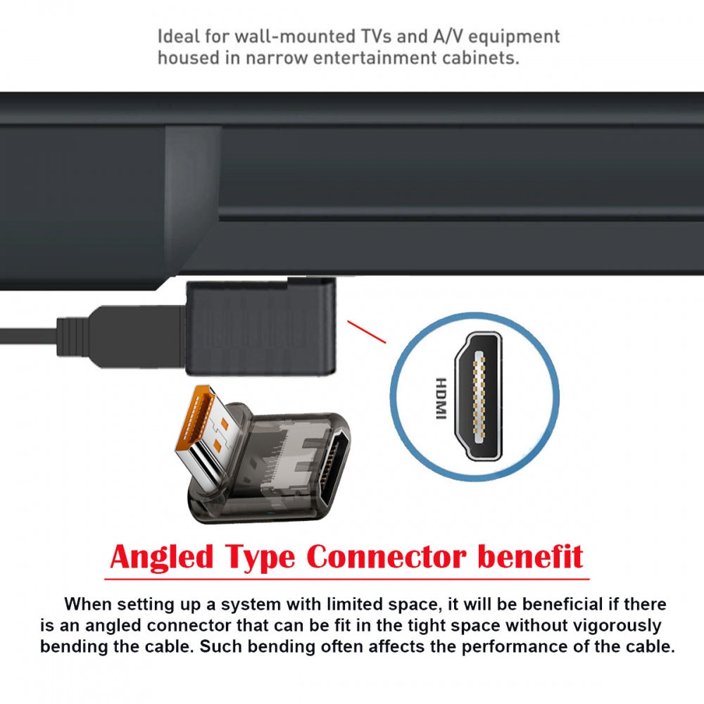 Down Angled 90 Degree Low Profile HDMI Male to HDMI 2.1 Female UHD Extension Adapter Extender Transparent with Smart LED 8K 60hz HDTV