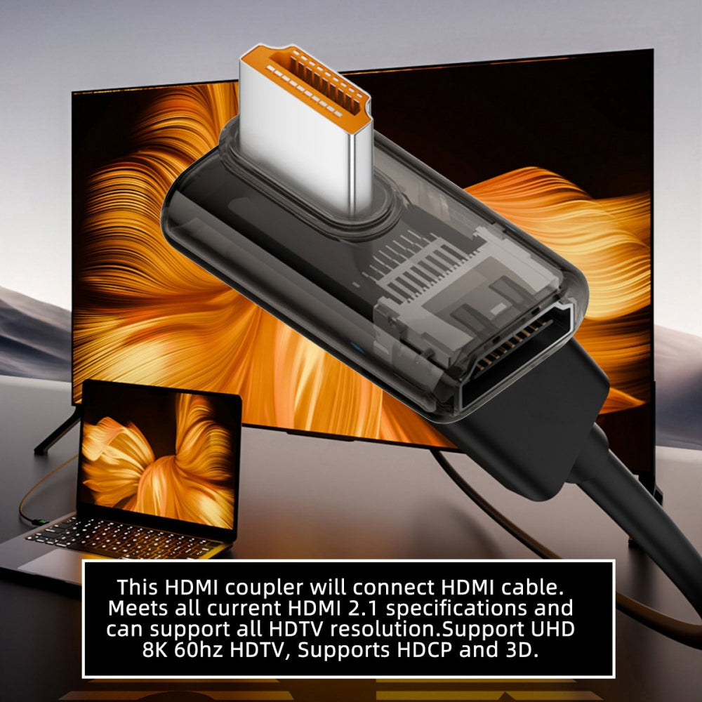 Right Angled 90 Degree Low Profile HDMI Male to HDMI 2.1 Female UHD Extension Adapter Extender Transparent with Smart LED 8K 60hz HDTV