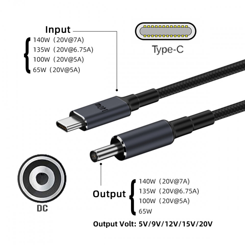 Type C USB-C Input to 20V 15V 12V 9V 5V DC 5.5*2.5mm Output Power Smart LED Display 100W 140W 65W PD Charge Cable for Laptop