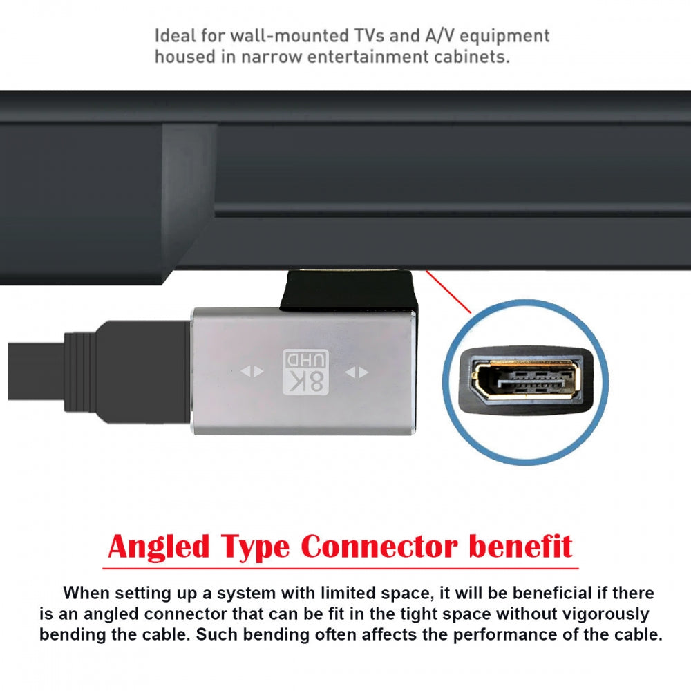 Left Angled DisplayPort 1.4 Male to DP Female 8K 60hz Adapter Ultra-HD UHD 4K 144hz 90 Degree for Video PC Laptop Monitor