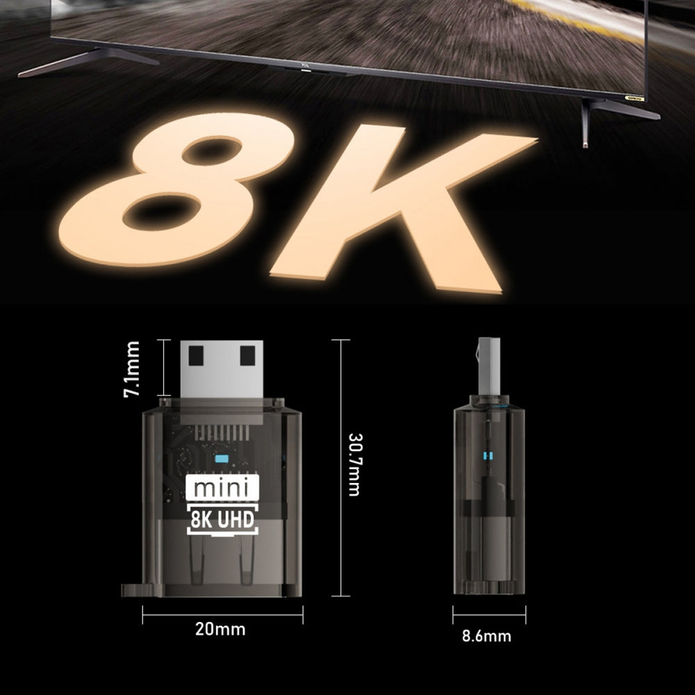 Mini-HDMI Type-C Male to HDMI 2.1 Female UHD Extension Adapter Extender Transparent with Smart LED Light Support 8K 60hz HDTV
