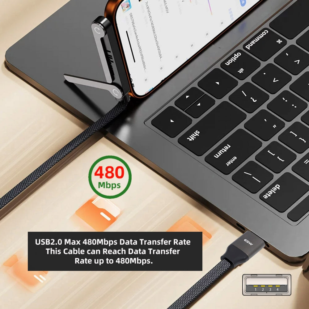 65W Type-A Fast Charging Cable Type-C with Built-in Phone Stand Dual Holder Durable Charger Bracket USB-C Male to USB-A Male Foldable