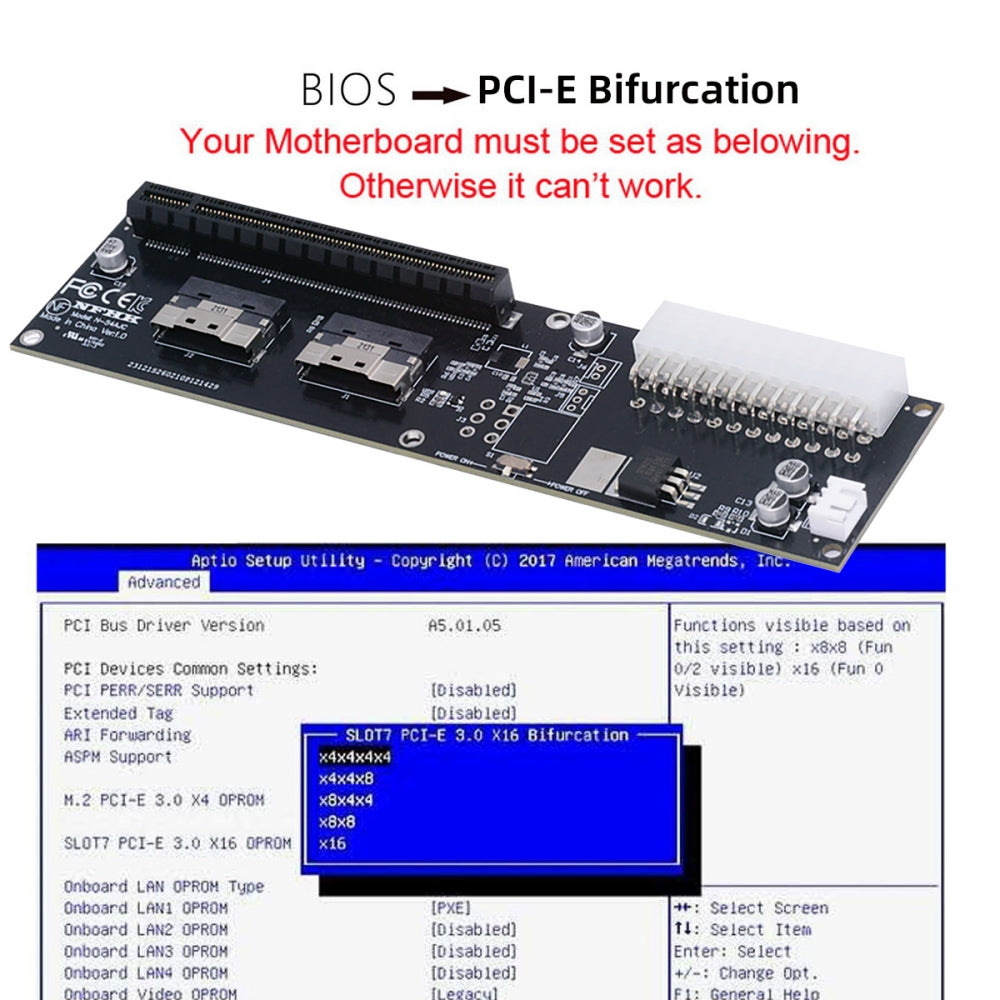 Dual Slimline 8X SFF-8654 74Pin VROC to PCIE PCI-Express 16x Adapter with ATX 24Pin Power Switch Port for Mainboard Graphics Card