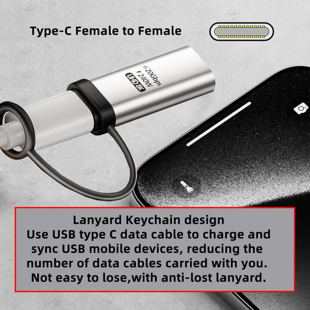 2pcs/lot USB-C 20Gbps Female to Female Extension Adapter Type-C Reversible with Lanyard Keychain 240W 8K 5K 4K