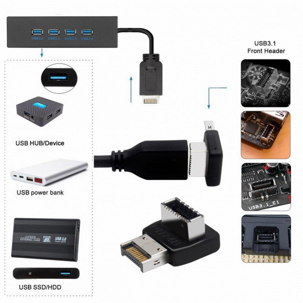 Chenyang 2pcs Overmold USB 3.1 Front Panel Header Male to Female Type-E Motherboard Extension Data Adapter UC-059