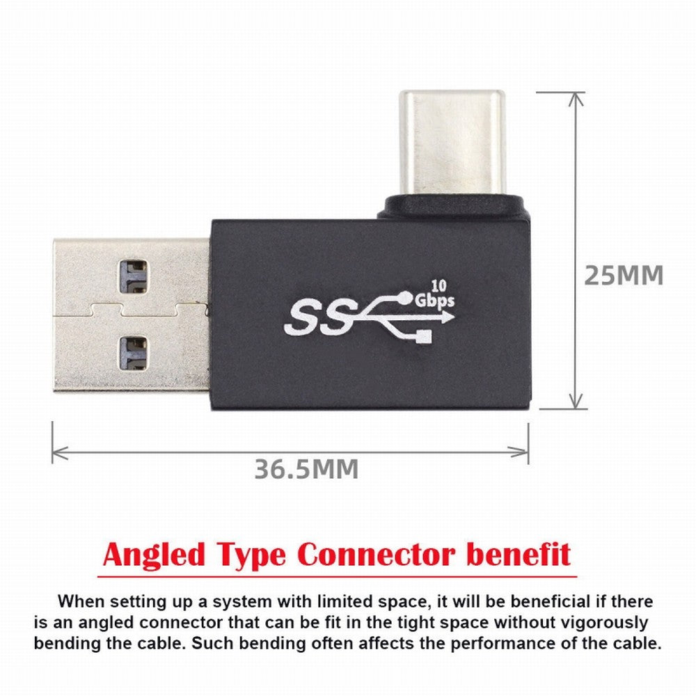 Chenyang Left Angled USB3.0 Type A Male to USB 3.1 Type C Male Data 10Gbps Charge Adapter 90 Degree for Laptop Phone UC-070-TC004