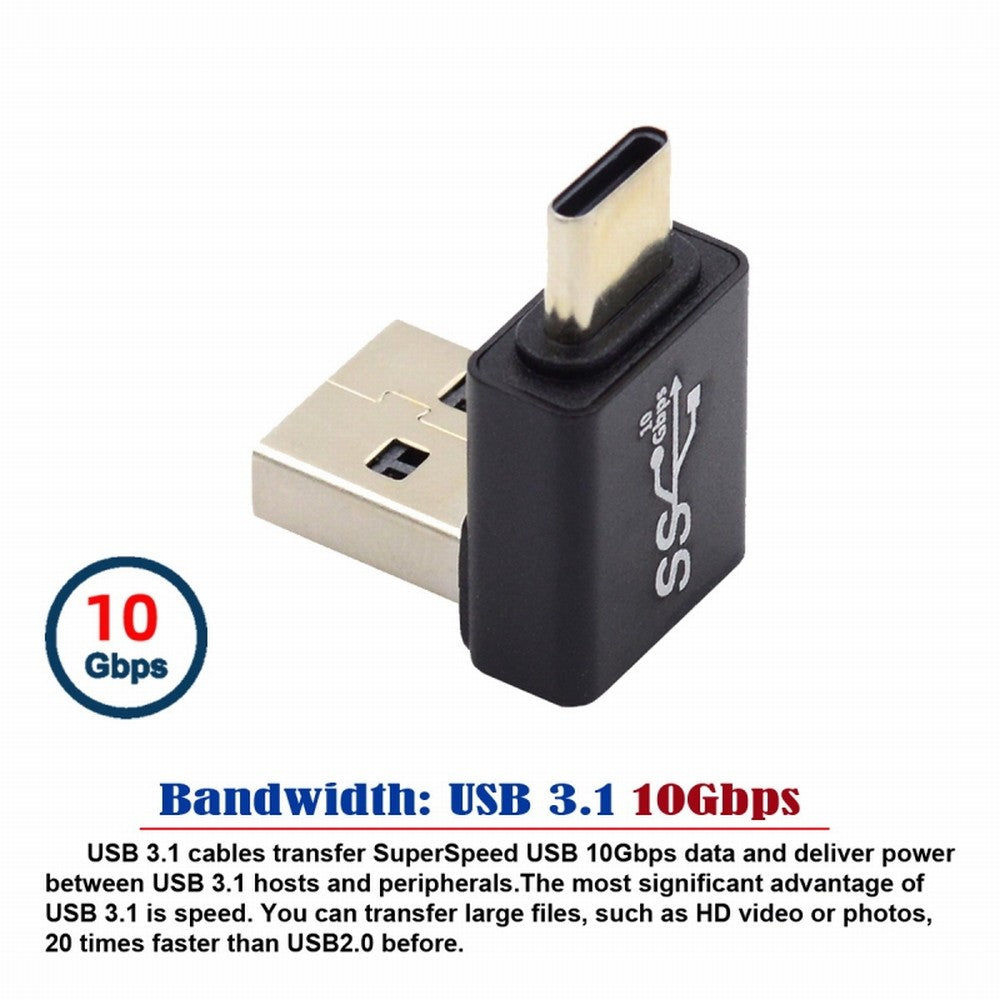 Chenyang Down Angled USB3.0 Type A Male to USB 3.1 Type C Male Data 10Gbps Charge Adapter 90 Degree for Laptop Phone UC-070-TC006