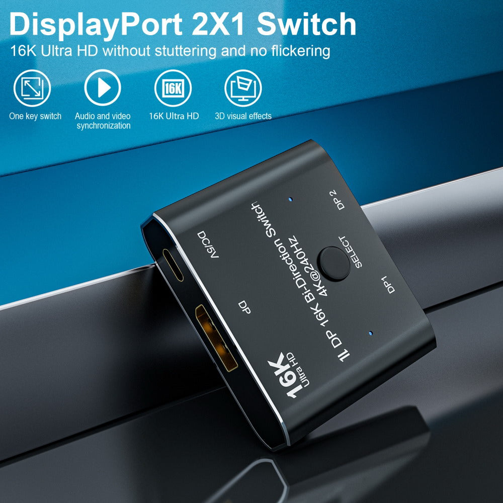 Chenyang DP DisplayPort 2.0 Bi-Direction 2x1 Switch Splitter Selector Hub Support HDCP SST Extended 16K@60hz 4K@240hz Convertor DP-030-16K