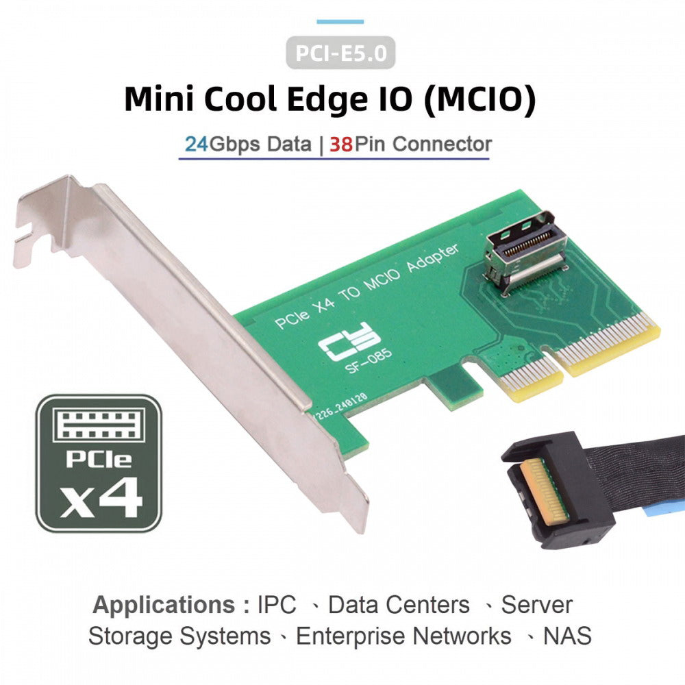 Chenyang PCI-Express 5.0 4.0 4X to MCIO Mini Cool Edge IO Female Host Adapter for PCIe Nvme U.2 SSD SF-085