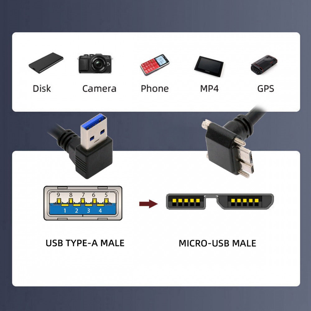Chenyang Down Angled 90 Degree USB 3.0 A Male to Micro-B 3.0 Plug Up Angled Locking Screw Panel Cable 25cm U3-078-UP