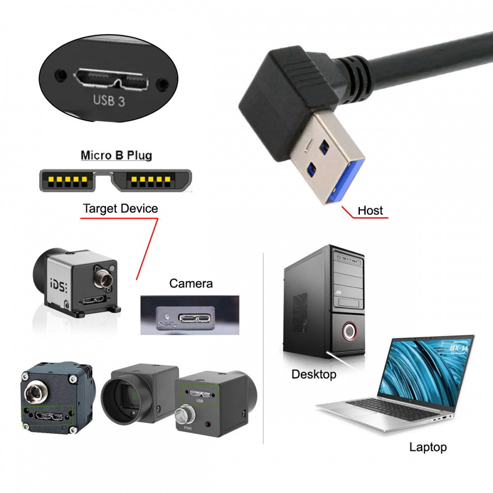 Chenyang Down Angled 90 Degree USB 3.0 A Male to Micro-B 3.0 Plug Up Angled Locking Screw Panel Cable 25cm U3-078-UP