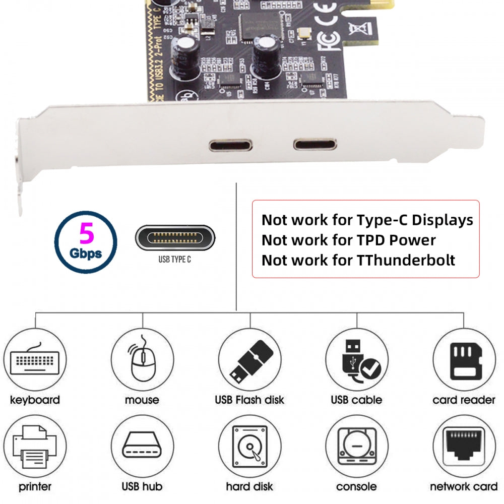 Chenyang Card USB3.1 Gen1 5Gbps Dual Type-C USB-C Female to PCI-E Express 1x Card Adapter ASM1042 with Low Profile Bracket