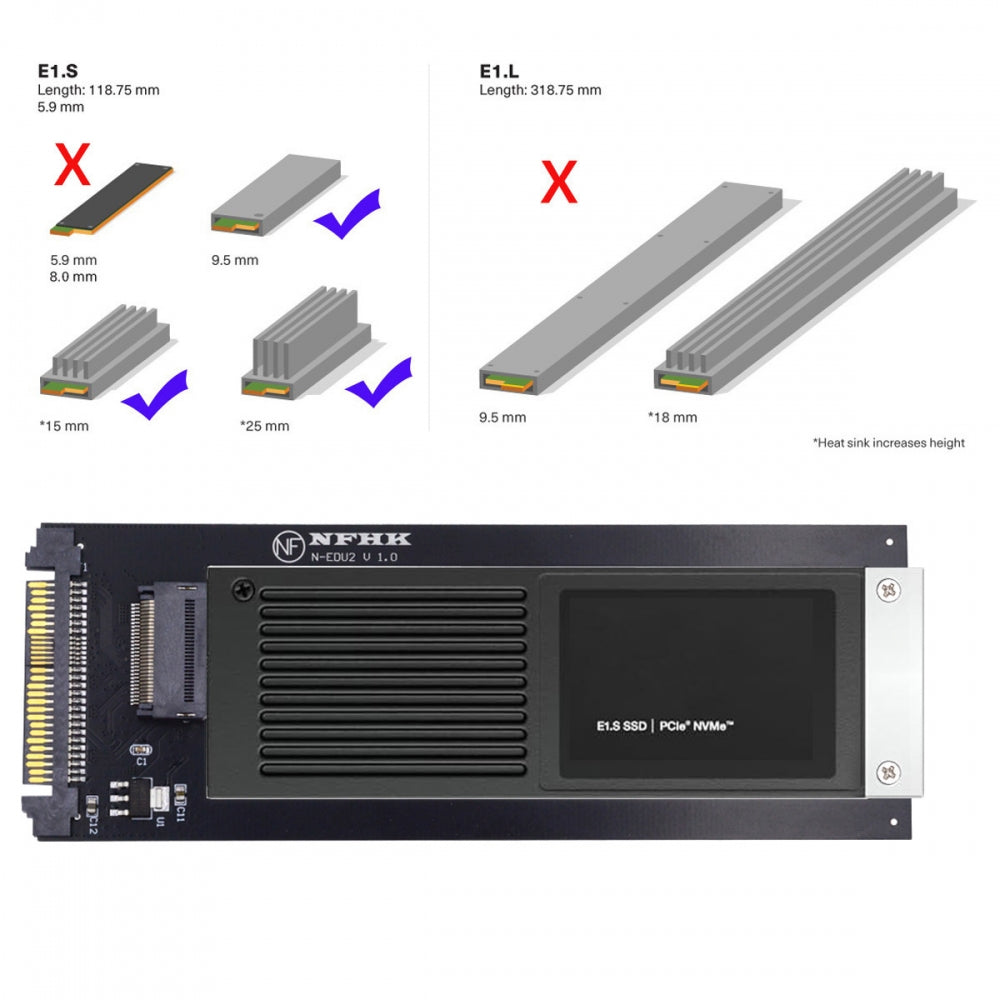 Chenyang U.2 SFF-8639 Host to PCI-E Ruler 1U GEN-Z EDSFF 9.5mm 15mm 25mm Short SSD E1.S with Heat Sink PM9A3 PM9D3 P5801X Carrier Adapter