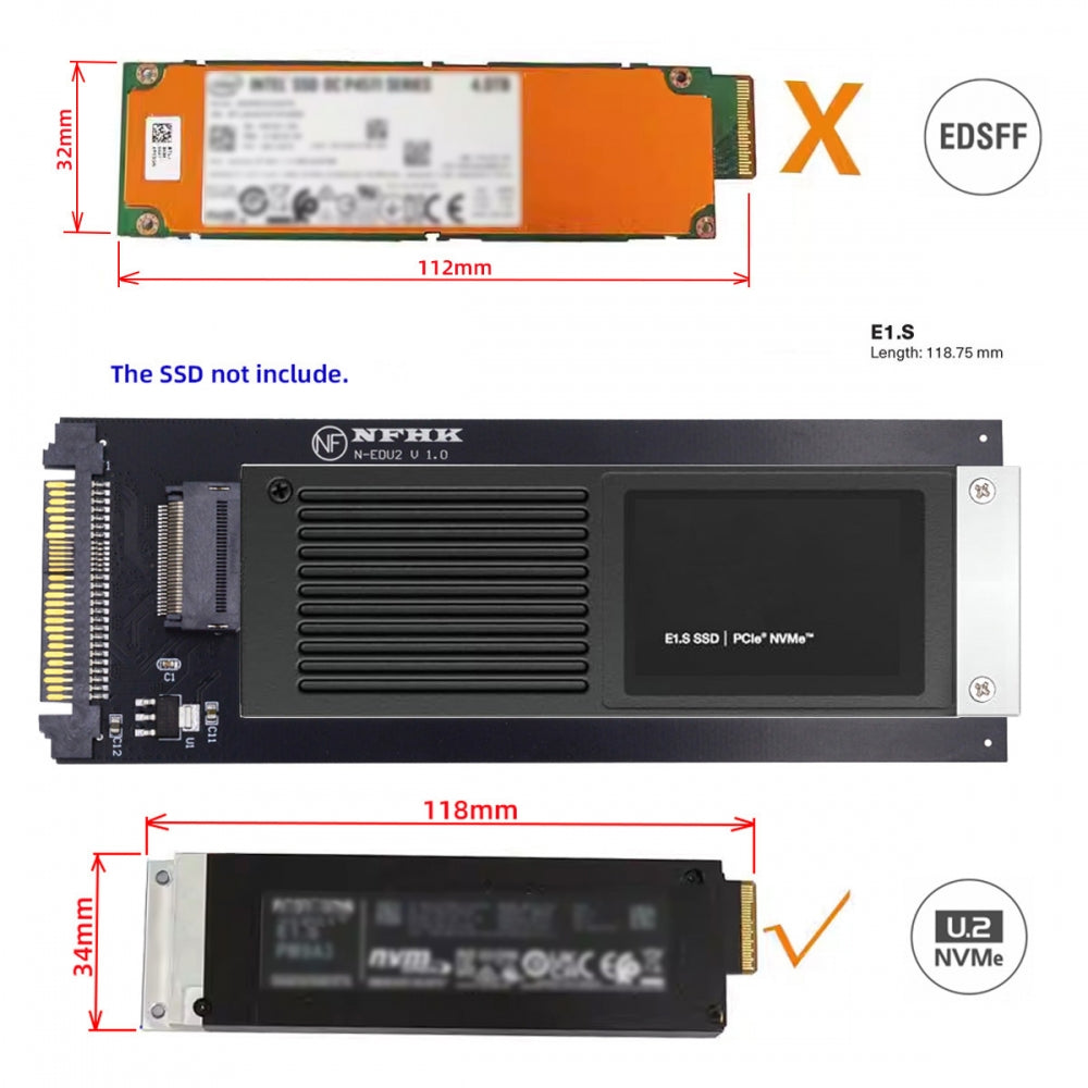 Chenyang U.2 SFF-8639 Host to PCI-E Ruler 1U GEN-Z EDSFF 9.5mm 15mm 25mm Short SSD E1.S with Heat Sink PM9A3 PM9D3 P5801X Carrier Adapter