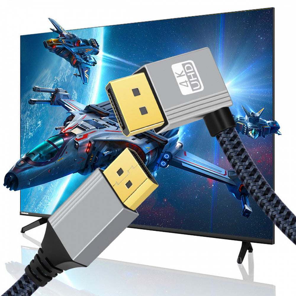 Left Angled DisplayPort DP to DP Cable 4K 60hz Cable Silver Sleeve Ultra-HD UHD 90 Degree for Desktop Laptop Monitor Graphics Card