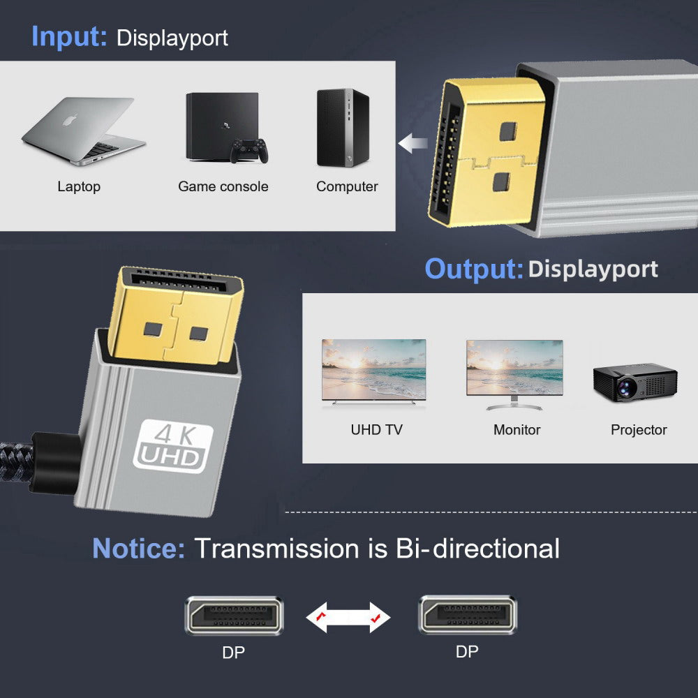 Right Angled DisplayPort DP to DP Cable 4K 60hz Cable Silver Sleeve Ultra-HD UHD 90 Degree for Desktop Laptop Monitor Graphics Card