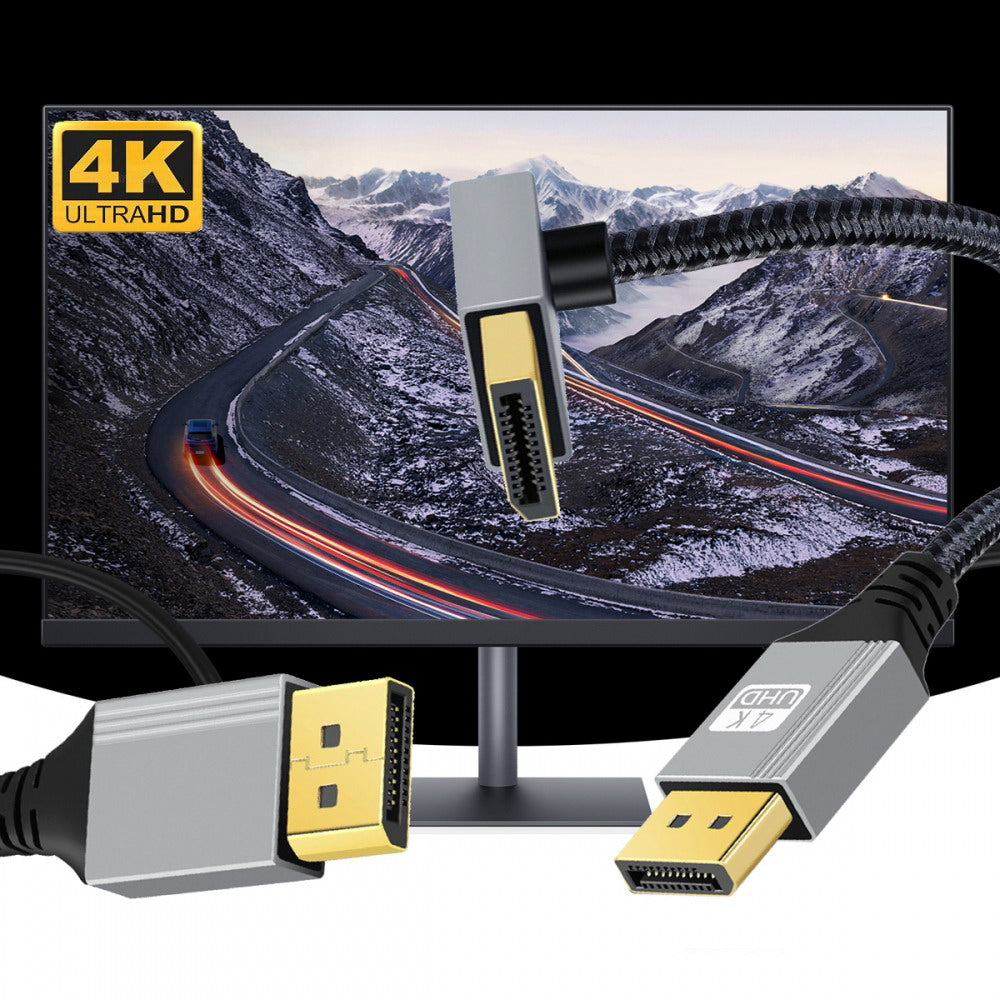 Up Angled DisplayPort DP to DP Cable 4K 60hz Cable Silver Sleeve Ultra-HD UHD 90 Degree for Desktop Laptop Monitor Graphics Card