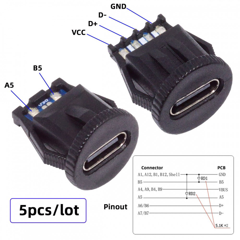 5pcs/set DIY OEM Type C Female Socket Connector to 6Pin PCBA Pinout Round Latch Mount Type DC 5V/20V PD Power IP67