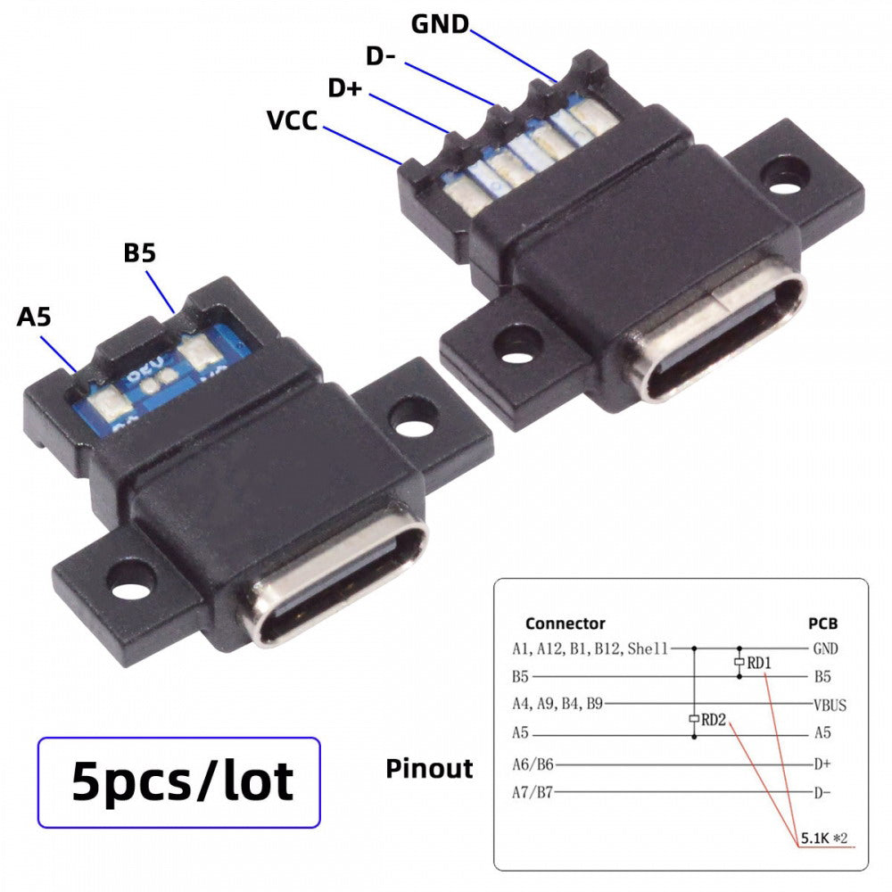 5pcs/set DIY OEM Type C Female Socket Connector to 6Pin PCBA Pinout Flat Scew Mount Type DC 5V/20V PD Power