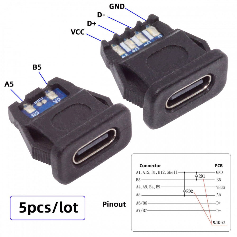 5pcs/set DIY OEM Type C Female Socket Connector to 6Pin PCBA Pinout Rectangle Latch Mount Type DC 5V/20V PD Power IP67
