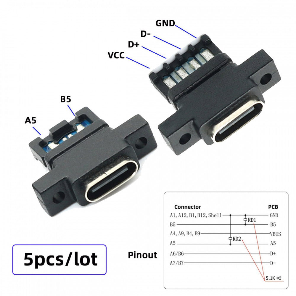 5pcs/set DIY OEM Type C Female Socket Connector to 6Pin PCBA Pinout Vertical Scew Mount Type DC 5V/20V PD Power