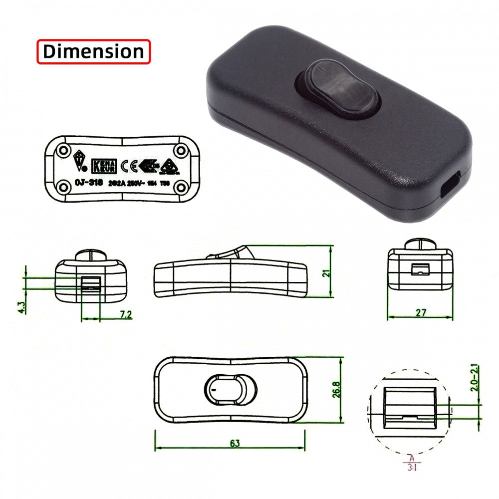 Universal Interruptor 318 Switch Cord Inline On-Off Switch DPST Control Rocker for Bedroom Table Lamp Desk Light Strip