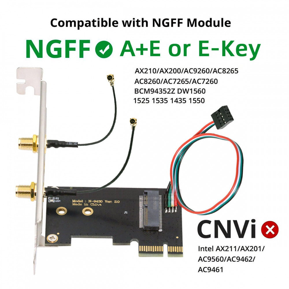 Wireless NGFF A/E-Key WiFi Card to PCI-E Express 1x Adapter for WLAN Wifi6 Wifi7 Bluetooth
