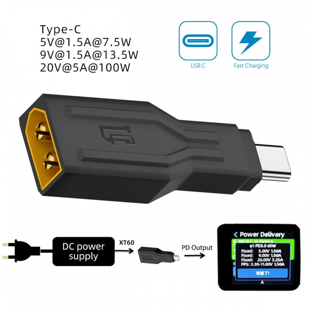 XT60 Male Input SC100 Protocol to Type-C Male Output Fast Charging Adapter for RC Lipo Battery Quadcopter Laptop Phone