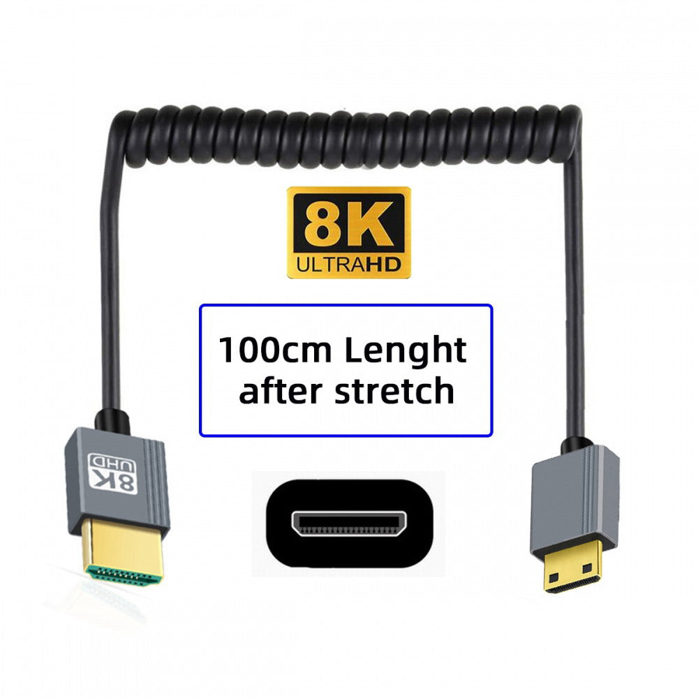 Mini HDMI 2.1 Male to HDMI Male 8K 60hz Stretch Coiled Cable 100cm for HDTV Computer Laptop Monitor