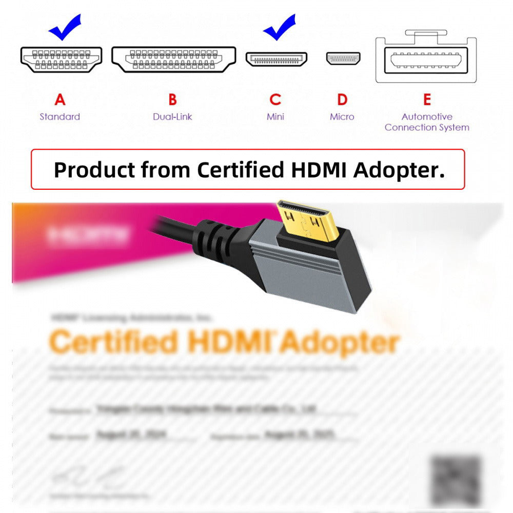 90 Degree Right Angled Mini HDMI 2.1 Male to HDMI Male 8K 60hz Stretch Coiled Cable 100cm for HDTV Computer Laptop Monitor