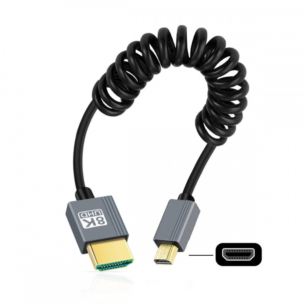 Micro HDMI 2.1 Male Type-D to HDMI Male 8K 60hz Stretch Coiled Cable 100cm for HDTV Camera Laptop Monitor
