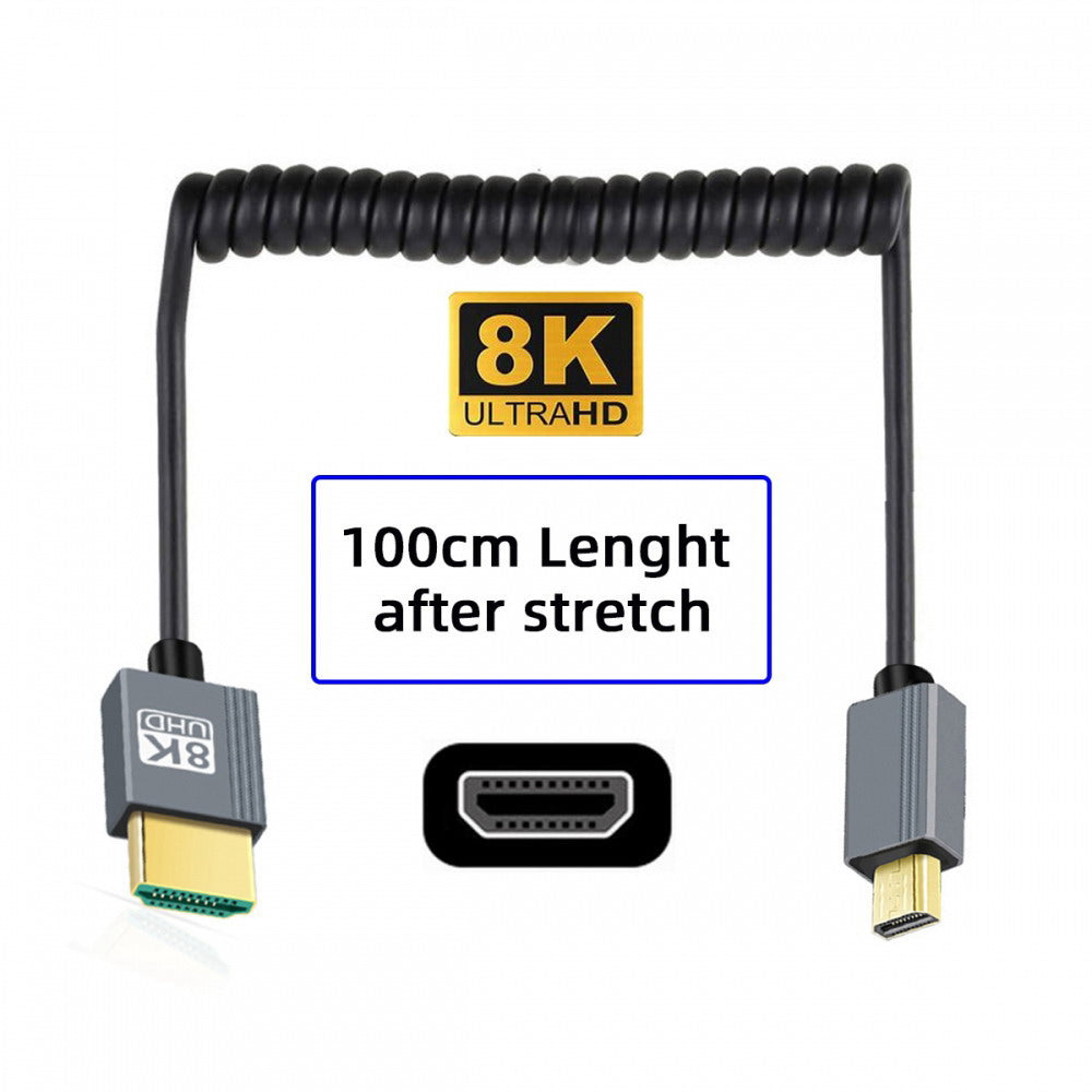 Micro HDMI 2.1 Male Type-D to HDMI Male 8K 60hz Stretch Coiled Cable 100cm for HDTV Camera Laptop Monitor
