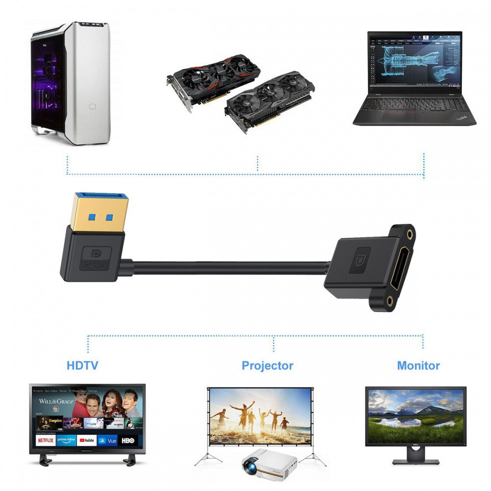 Ultrafine Right Angled DisplayPort 1.4 DP Male to Female Extension Cable 8K 60hz 4K 144hz for Desktop Laptop Monitor Graphics Card 30cm