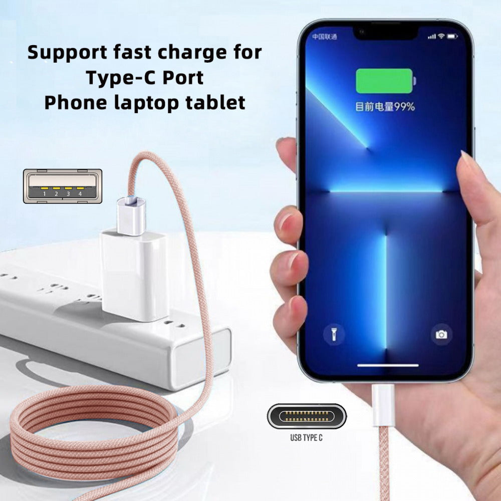 USB-C Type C Male to Type-A Male 15W 5V3A Power 480Mbps Data Cable Pink Sleeve for Phone & Tablet