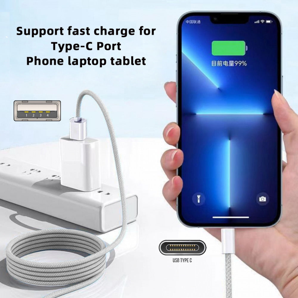 USB-C Type C Male to Type-A Male 15W 5V3A Power 480Mbps Data Cable White Sleeve for Phone & Tablet