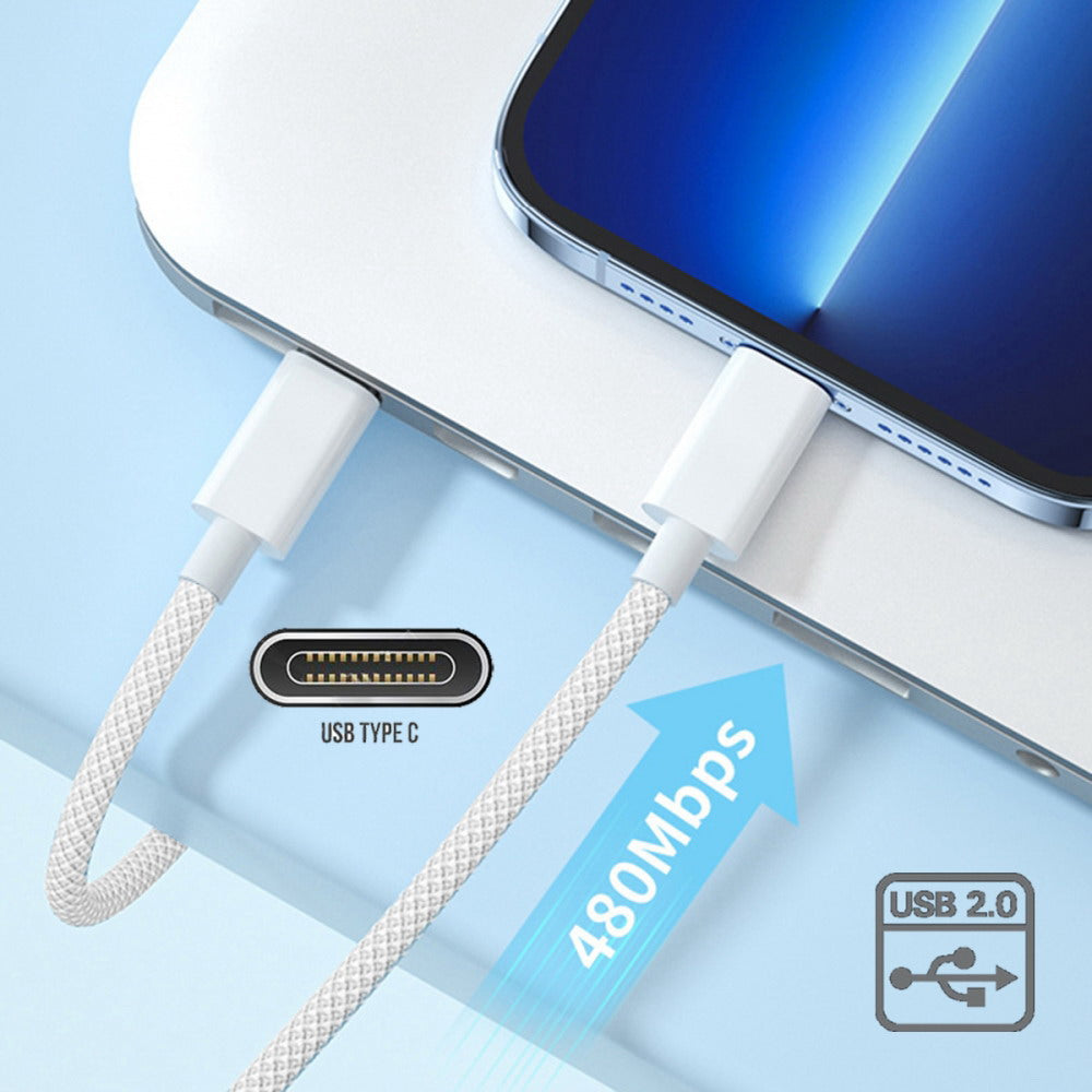 USB-C Type C Male to Type-A Male 15W 5V3A Power 480Mbps Data Cable White Sleeve for Phone & Tablet
