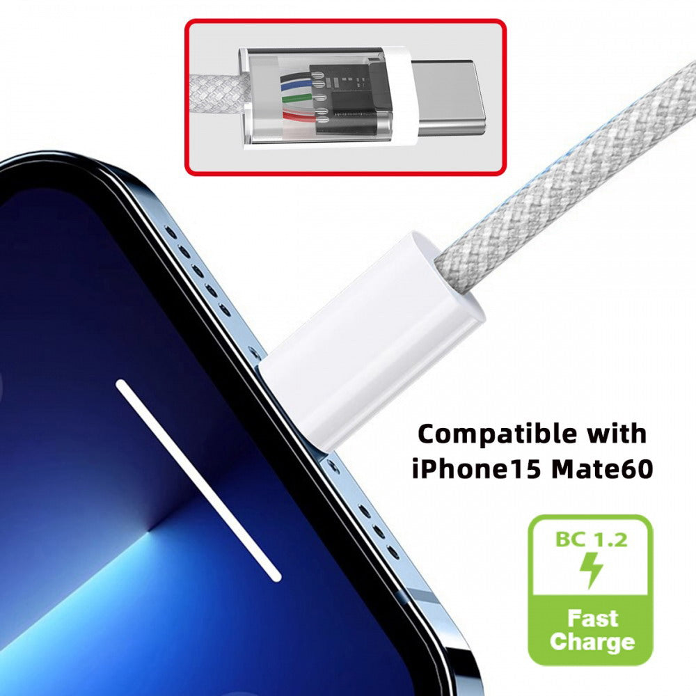 USB-C Type C Male to Type-A Male 15W 5V3A Power 480Mbps Data Cable White Sleeve for Phone & Tablet