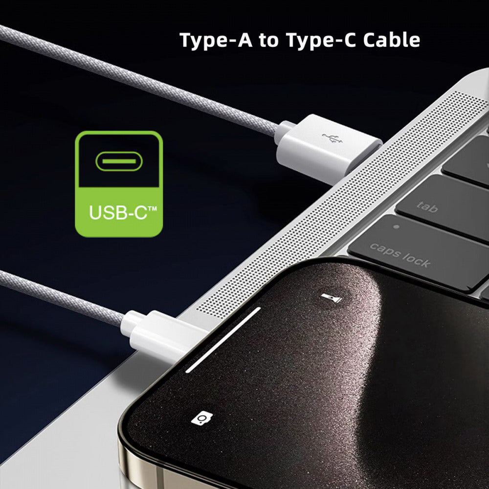 USB-C Type C Male to Type-A Male 15W 5V3A Power 480Mbps Data Cable White Sleeve for Phone & Tablet