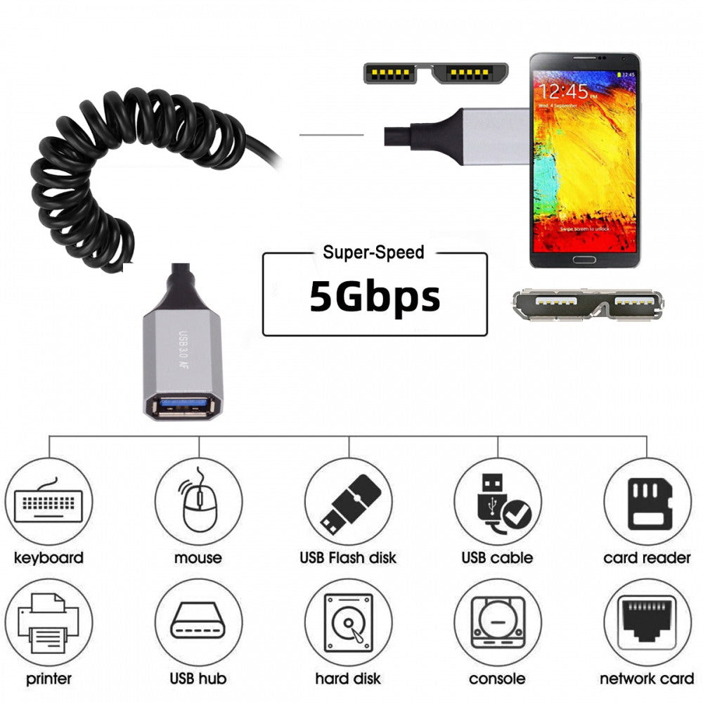 Micro-USB3.0 Male Host to USB3.0-A Female OTG Stretch Coiled Cable 100cm Extension 5Gbps for Disk Phone Camera Data