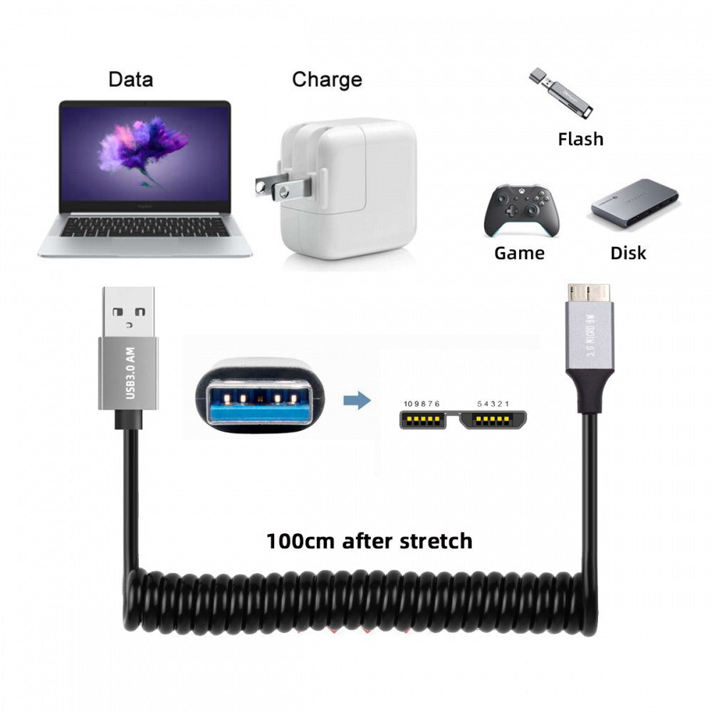USB 3.0 Type-A Male to Micro-USB3.0 Male Stretch Coiled Cable 100cm Extension 5Gbps for Disk Phone Camera Data
