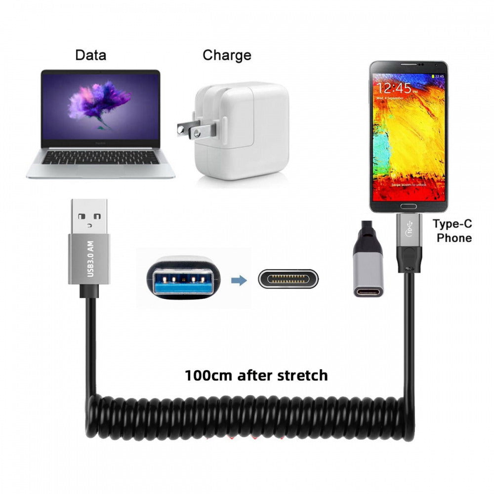 USB 3.0 Type-A Male to USB-C Type-C Female Stretch Coiled Cable 100cm Extension 5Gbps for Disk Phone Camera Data