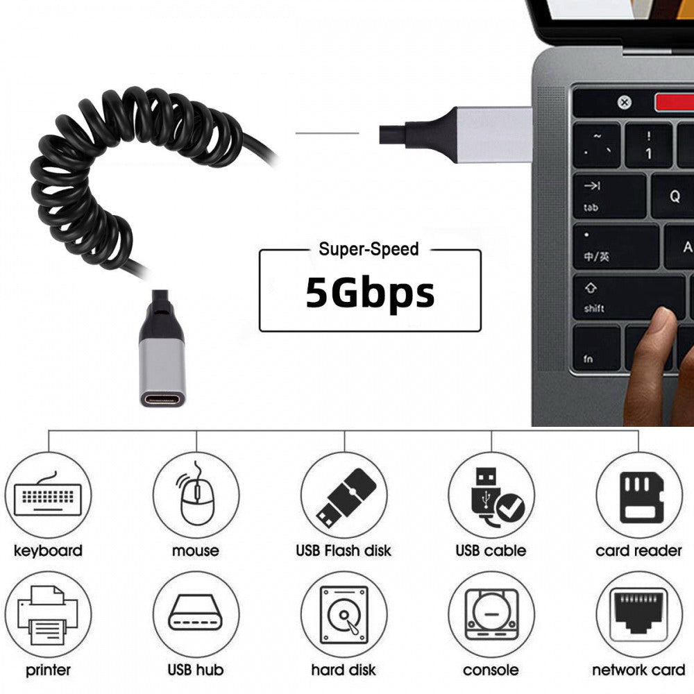 USB 3.0 Type-A Male to USB-C Type-C Female Stretch Coiled Cable 100cm Extension 5Gbps for Disk Phone Camera Data